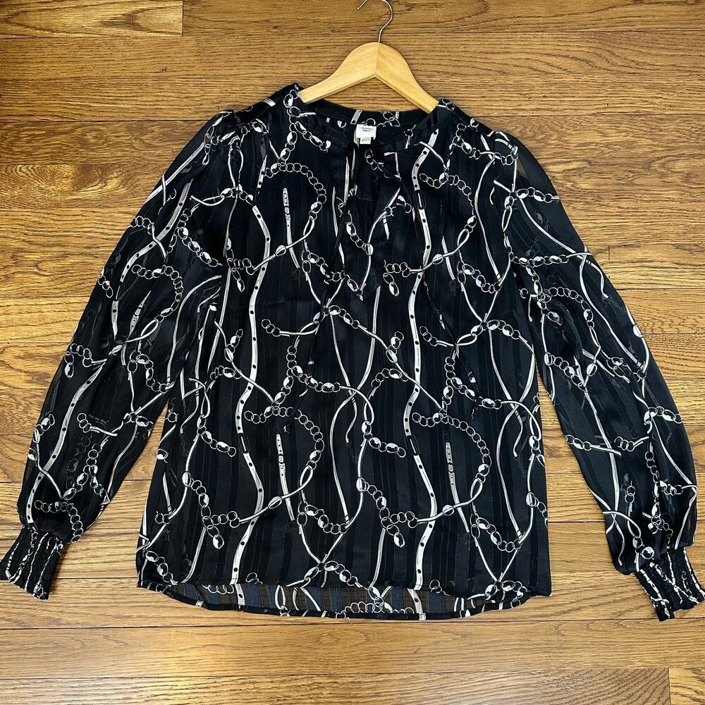 Anthropologie Autres Filled Black & White Metallic Chain Print Chiffon Blouse